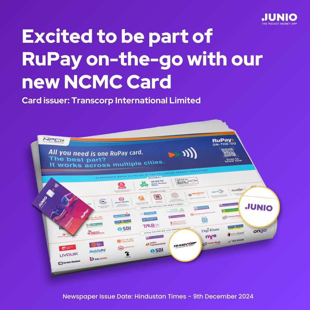 Junio (@junio_in) on Twitter photo Super excited to announce that Junio was featured in the @rupay_npci's RuPay On-The-Go campaign in Hindustan Times.
We're proud partners with our latest NCMC RuPay card.
Card issuer: <a href="/transcorpint/">Transcorp International Limited</a> Super excited to announce that Junio was featured in the @rupay_npci's RuPay On-The-Go campaign in Hindustan Times.
We're proud partners with our latest NCMC RuPay card.
Card issuer: <a href="/transcorpint/">Transcorp International Limited</a>