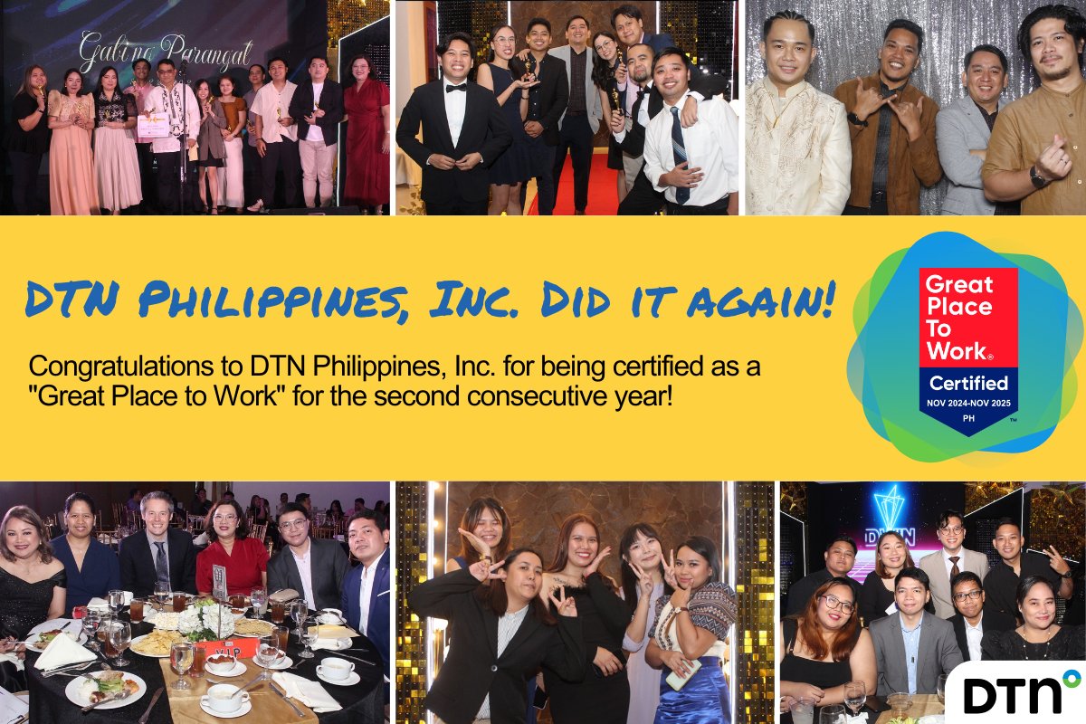 DTNMarkets's tweet photo. DTN Philippines has once again been certified as a #GreatPlaceToWork (2024-2025)! The team's commitment to the #OneDTN spirit continues to make DTN a fun, innovative, and rewarding place. #JoinTheTeam: https://t.co/oW3WBaPY5h
#LifeAtDTN #Manila #Philippines #WorkHereWednesday https://t.co/JXTxe4bDq0