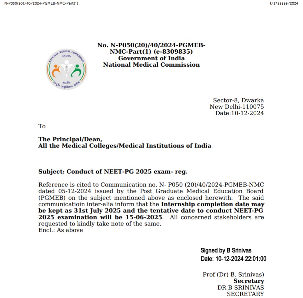 NMC_BHARAT's tweet photo. National Medical Commission announces NEET-PG 2025: Internship completion deadline set for 31st July 2025. Tentative exam date: 15th June 2025. 

https://t.co/GamBG2b85U

#NEETPG2025 #NMC #MedicalEducation https://t.co/6cq7zZWB9Z