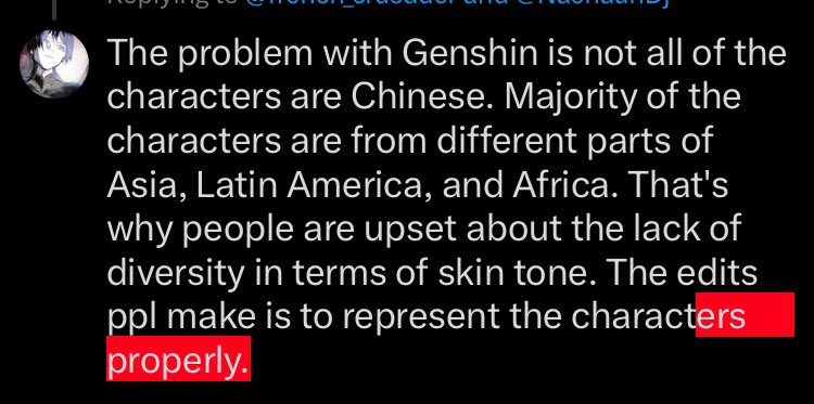 iheartdiluc's tweet photo. @french_crusader @NashaunDj Character's from Sumeru and Natlan I feel don't fall under this category of 'blackwashing'. To correct myself most characters are *based* off the countries I mentioned. https://t.co/znto4tXpjf