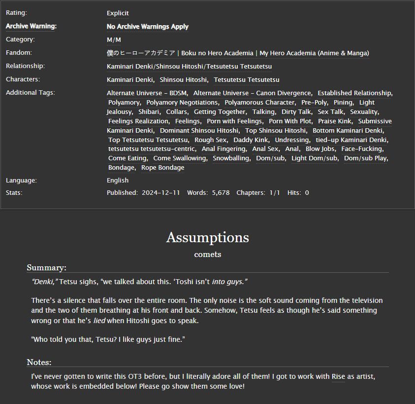 my LAST PIECE for the <a href="/bnhabdsm/">⛓️💥 BNHA BDSM BANG 💥⛓️</a> bang, featuring some spicy kaminari, tetsutetsu, and shinsou with feelings! i love these three idiots, and i had so much fun working on this piece with <a href="/risefallraging/">🔞 Rise 🔞 🩷💜💙 🖤🩶🤍💜</a>, so go show them some love! 🪢💜💛🩶

archiveofourown.org/works/61243897