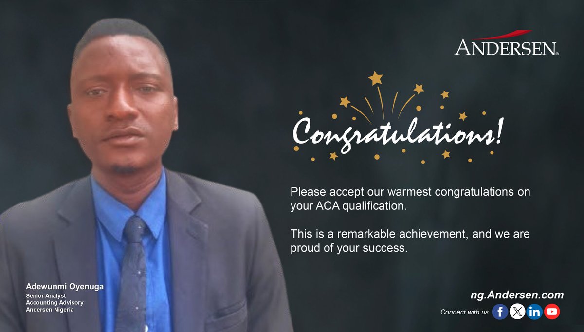 AndersenNigeria's tweet photo. 🎉 Congratulations to all our newly qualified ACA professionals! Your hard work and dedication have paid off, and we’re proud of your success. Here's to a future filled with growth and achievements! 🌟 #ACAQualified #AndersenNigeria https://t.co/LZwrbnHzB0