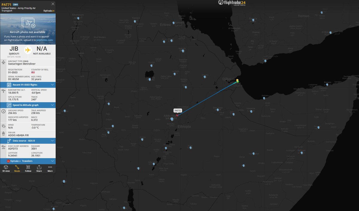 Dinlas3's tweet photo. 🇺🇸US Army Priority Air Transport (PAT) Fairchild Metro C-26B w/ reg. 91-0503 as #PAT71 from Camp Lemonnier, 🇩🇯Djibouti to 🇪🇹Addis Ababa, Ethiopia this morning, local time. #ADFD73
@Borrowed7Time @sipjack1776 https://t.co/5oYDoI96KL