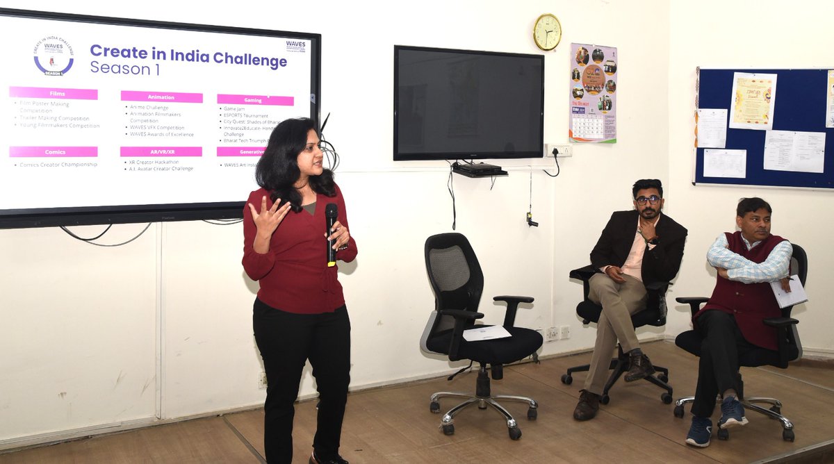 IIMC_India's tweet photo. Mr. @SreeragMukundan &amp; Ms.@ribhasood (YP), @MIB_India, briefed IIMC students on #WAVES2025 &amp; 'Create in India' Challenge, Season-1. VC Dr. Anupama Bhatnagar &amp; Prof Dr.@pramodsaini69 were also present. Enriching exposure for students to explore the opportunities within WAVES-2025. https://t.co/AfdyRJx7vr