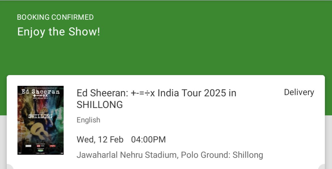 cardaboy's tweet photo. Got one extra ticket for Ed Sheeran concert Shillong - Upper stand North. If anybody wants to purchase ping me.

#edsheeran #EdSheeranconcert 
#EdSheeran #Shillong #bookmyshow https://t.co/CWGV8Xdxfd