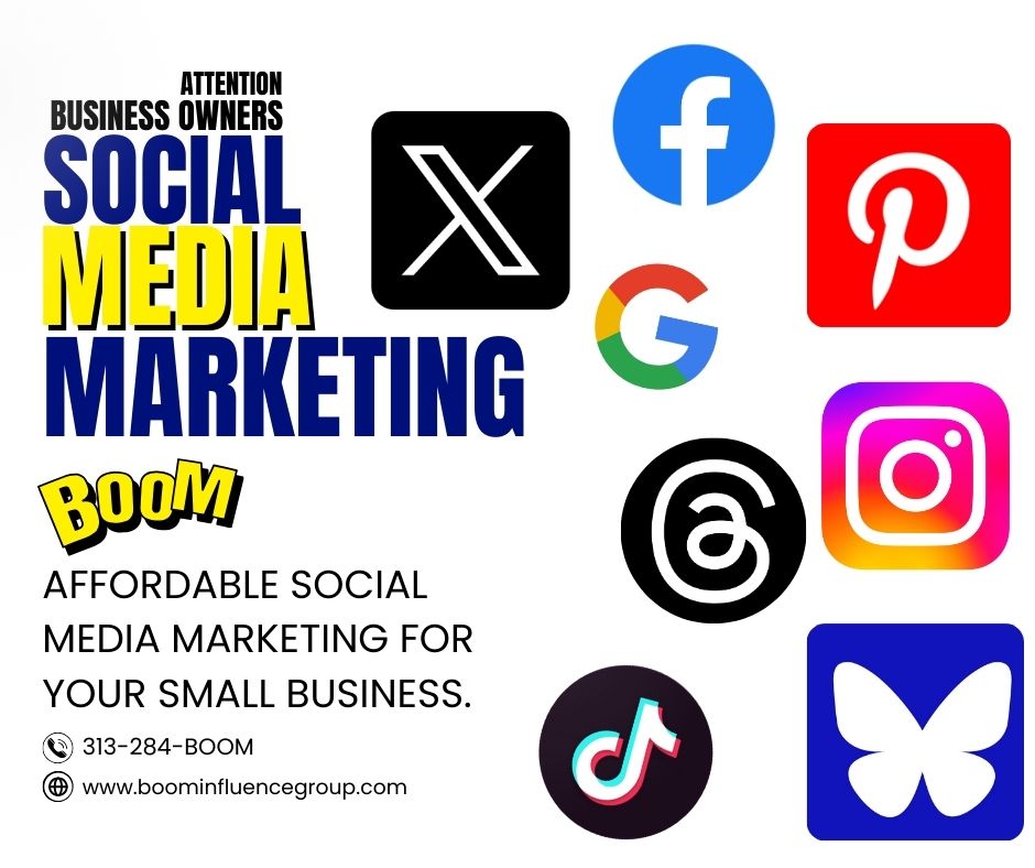 Looking to enhance your brand's online presence and connect with your audience across major social platforms? Get in touch with BOOM Marketing at 313-284-BOOM for expert social media strategy assistance. Text for inquiries.