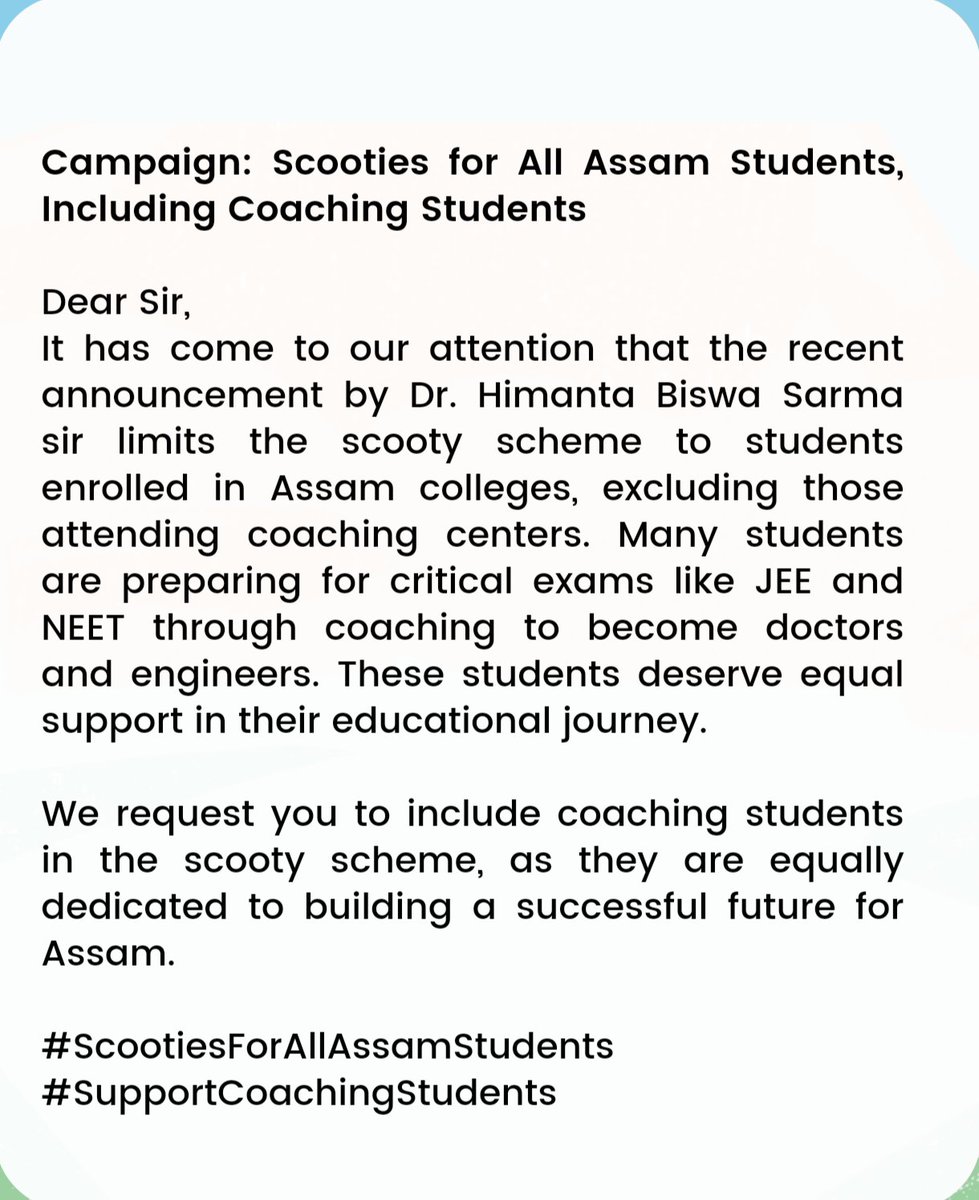 StudiesAssam's tweet photo. Please look into this matter.
@himantabiswa
@CMOfficeAssam
@ranojpeguassam 
#ScootiesForCoachingStudents
#ScootiesForEveryStudent https://t.co/QTaHUvhYNT