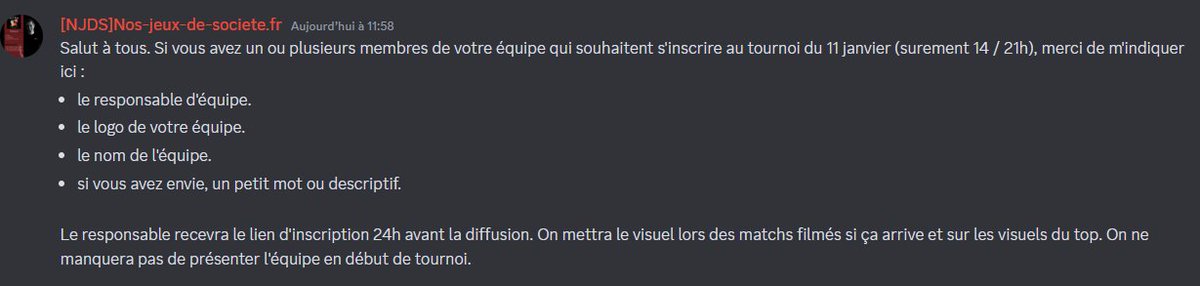 Pour le tournoi NJDS 128J du 11 janvier, on met les équipes FR à l'honneur. Vous avez un salon où chaque Team peut envoyer son logo et une description. On mettra ça en avant sur le stream et sur les visuels. Les Teams auront le lien d'inscription 24h avant discord.com/invite/Bz6ydgc…