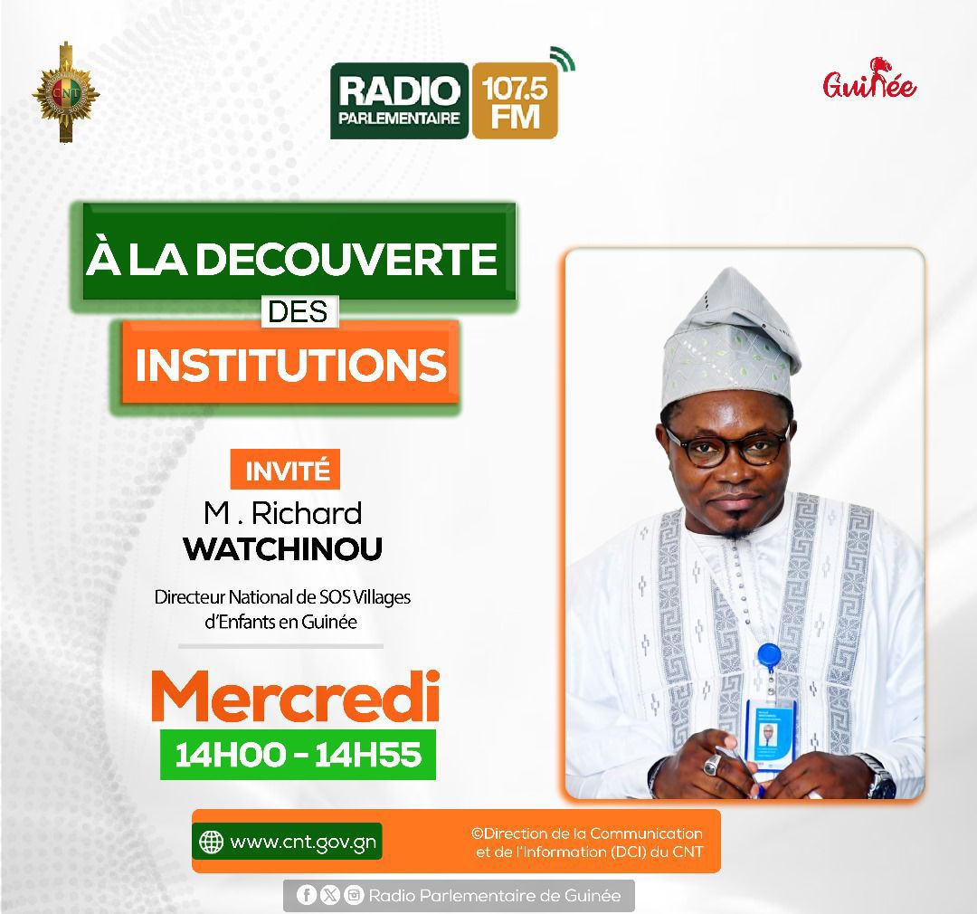 Ne manquez pas cet après midi à partir de 14h05 min le passage de <a href="/Rich_Watchinou/">Richard WATCHINOU</a>, Directeur National de SOS Villages d'Enfants en Guinée sur la Radio Parlementaire 107.5 FM et en streaming sur cnt.gov.gn.