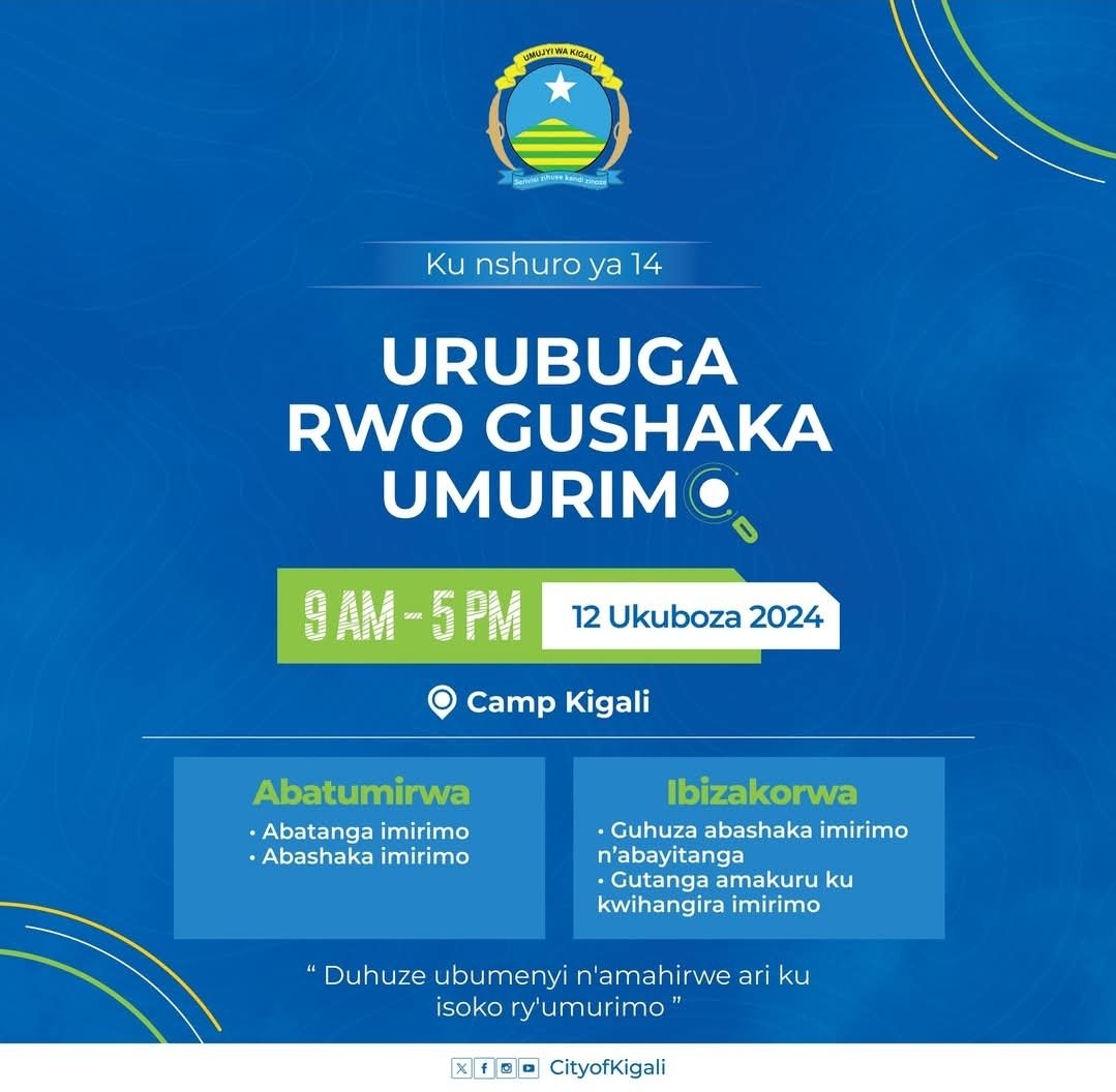 SectorKigali's tweet image. Wa munsi nyirizina wageze! 

Turashimira mwese abiyandikishije kwitabira #JobNet ku rwego rw'abatanga imirimo n'abayikeneye. 

Niba wariyandikishije, nta yindi nteguza! Itegure ejo tuzahurire muri #KCEV (Camp Kigali) guhera 9h00. 
#KigaliYacu