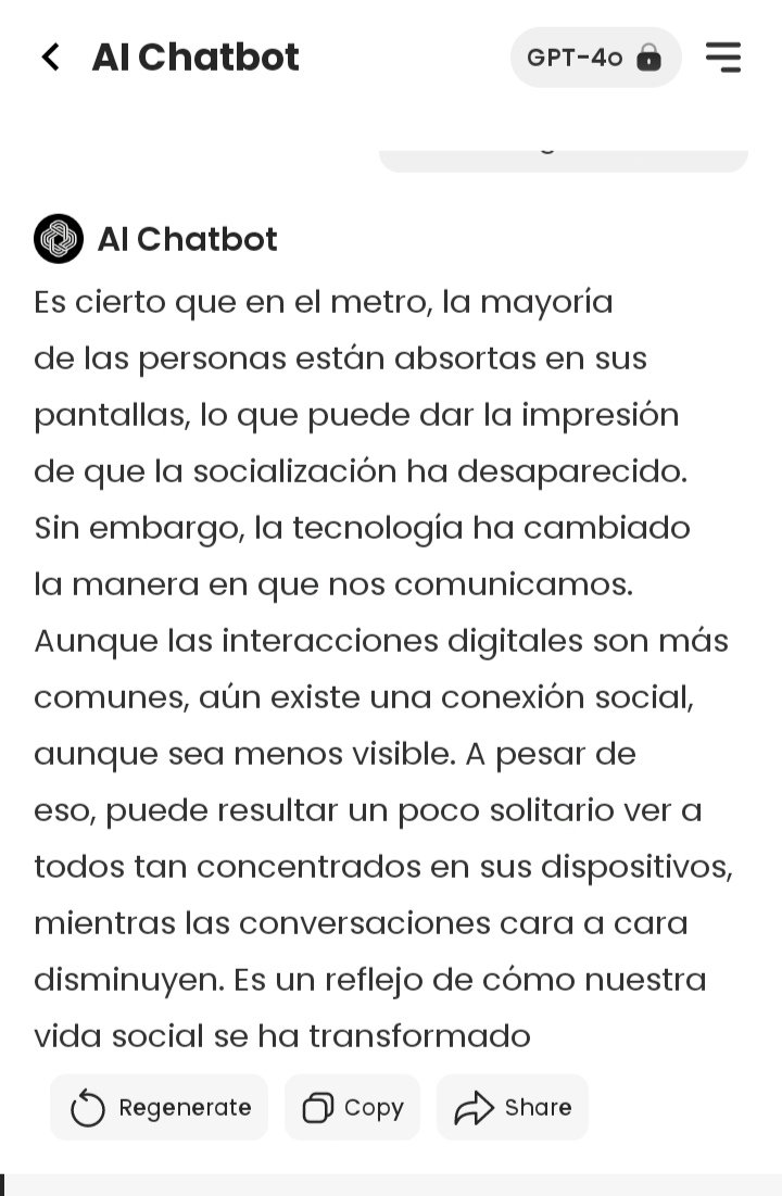 Metroan; tik -tok bideo baten soinua, pertsona baten ahotsa telefonoz hitz egiten eta pertsona guztiak pantailari begira.
Non geratu da sozializazioa?
Chat GPTri galdetuko diot...
#metrocuento