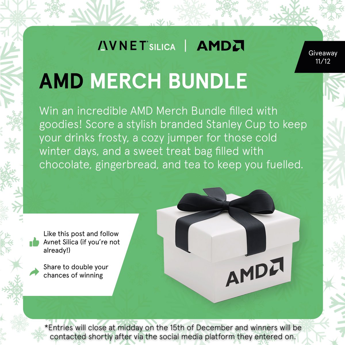 AvnetSilica's tweet photo. GIVEAWAY 11/12 🎄🎁

Feeling lucky? Win an amazing @AMD Merch Bundle! Your prize includes a sleek branded Stanley Cup, a warm and comfy jumper to keep you cosy, and a delicious treat bag filled with chocolate, gingerbread, and tea. It's the perfect bundle for any AMD enthusiast!

Here's how you can get your hands on this @AMD bundle:

👍 Like this post
➕ Make sure you're following Avnet Silica
📣 Share to double your chances of winning

#GiveAway #12DaysOfChristmas #Merch #AMD #EngineersOfEvolution

*T&Cs can be found in the comments