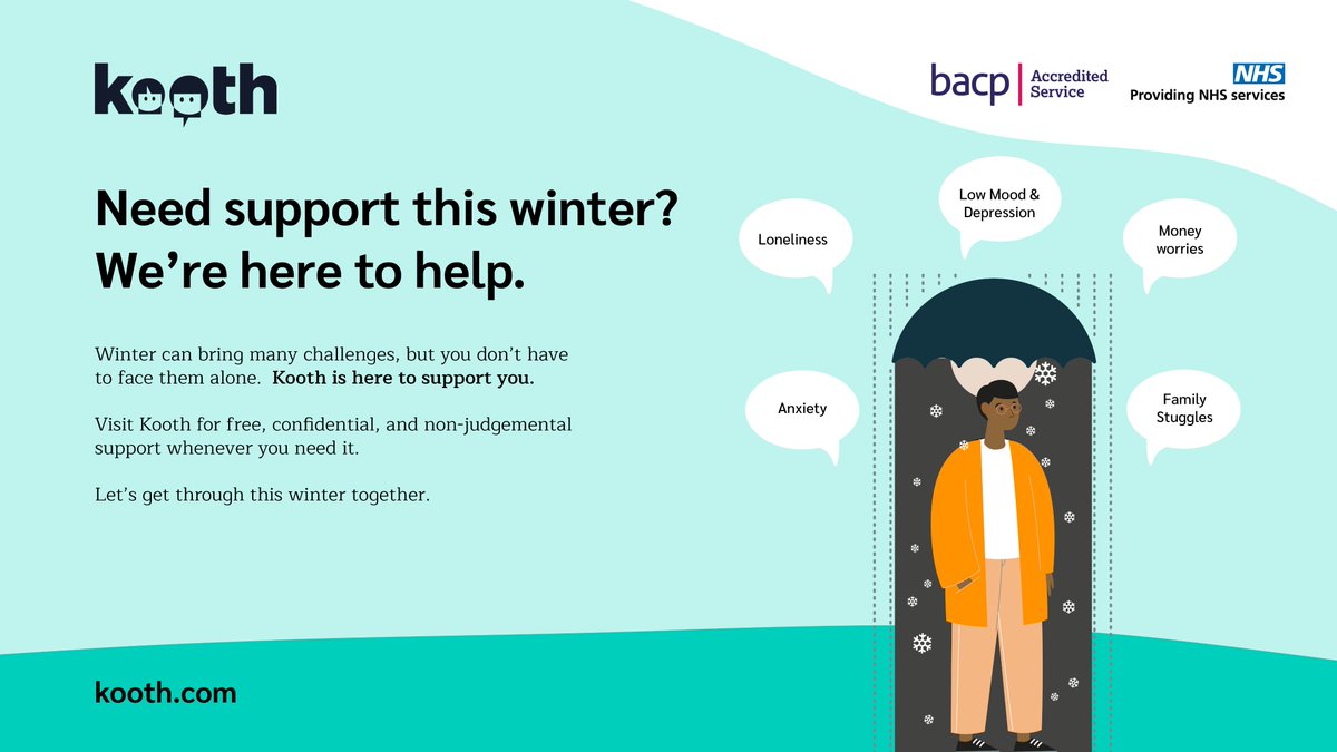 You're not alone - Kooth is still available to access during the Winter holiday period.

If you or someone you know needs extra mental wellbeing support during the holiday season, Kooth are here.

Visit kooth.com to find out more.
