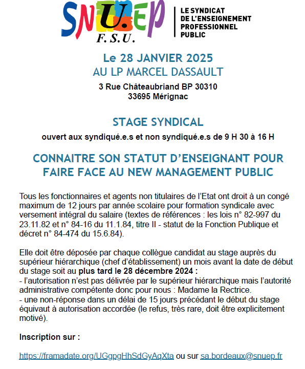Tu viens à notre super stage de formation syndicale le mardi 28 janvier 2025?  Tu peux t'inscrire ici : framadate.org/UGgpgHhSdGyAqX… 
Il faut faire ta demande avant le 28/12 à ta direction. Tu as tout sur notre site : bordeaux.snuep.fr/events/stage-s…