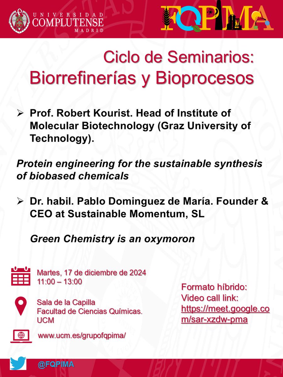 Juan M. Bolivar (@jmbbolivar) on Twitter photo We proudly present our next seminar with invited guests: Prof. Robert Kourist <a href="/KouristLab/">KouristLab</a> and Dr. Pablo Dominguez de Maria <a href="/SustMom/">Sustainable Momentum</a> <a href="/HorizonDECADES/">HorizonDECADES</a> <a href="/quimicasUCM/">Facultad de Químicas UCM</a> #Proteinengineering #greenchemistry #biocatalysis We proudly present our next seminar with invited guests: Prof. Robert Kourist <a href="/KouristLab/">KouristLab</a> and Dr. Pablo Dominguez de Maria <a href="/SustMom/">Sustainable Momentum</a> <a href="/HorizonDECADES/">HorizonDECADES</a> <a href="/quimicasUCM/">Facultad de Químicas UCM</a> #Proteinengineering #greenchemistry #biocatalysis