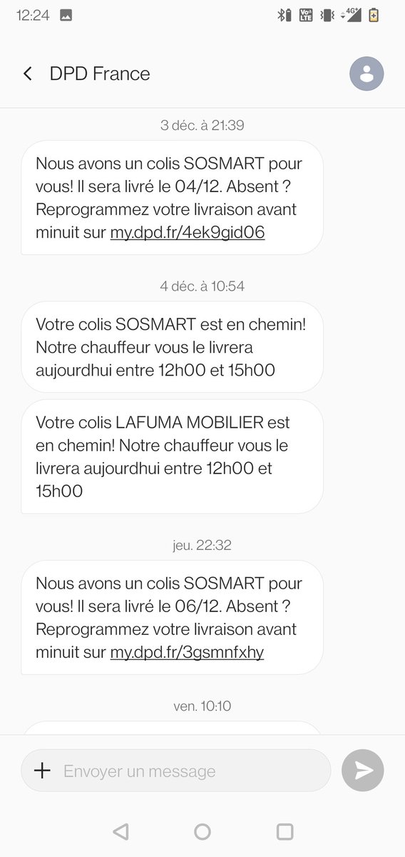 CarlaBPia's tweet photo. @DPD_Fr Bonjour, ce serait top si vous pouviez éviter d'envoyer des SMS la veille pour prévenir de livraisons que vous ne pouvez pas assurer le lendemain, ce tous les jours. Merci! https://t.co/LLMv90x0pz
