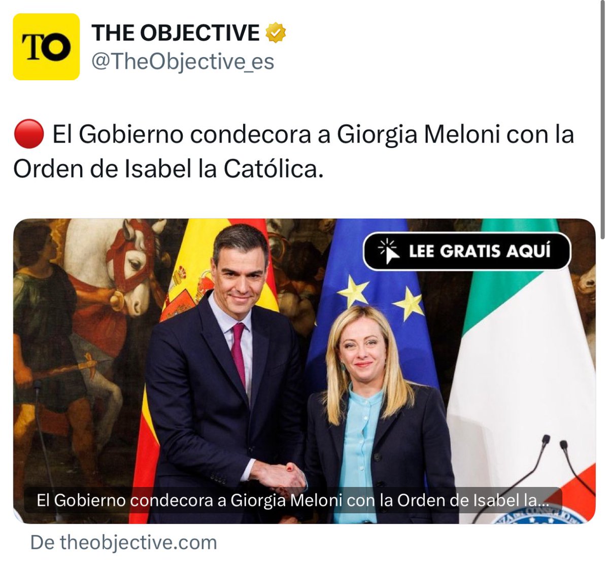 28/5/24. El PSOE dice que Meloni es una fascista con la que quiere pactar Feijoo.

11/12/24. El gobierno del PSOE condecora a Meloni con la Orden de Isabel la Católica. 

Estos son los principios del PSOE, pero no se preocupen, tendrá otros pronto.