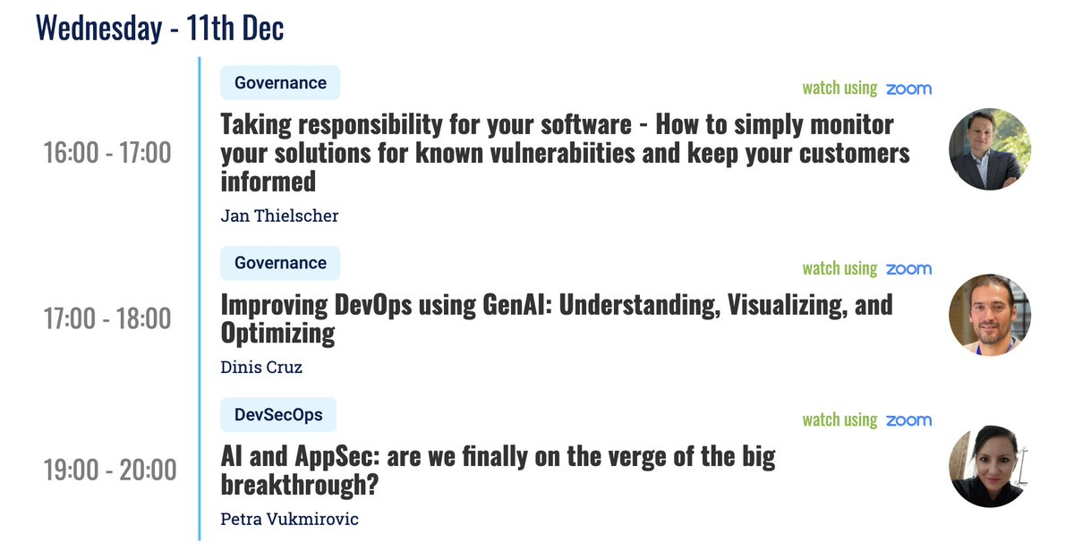 opensecsummit's tweet photo. 🚨 Day 3 of #OSS2024 is here—let’s dive into today’s sessions!

🕒 16:00: Taking Responsibility for Your Software w/ Jan Thielscher

🕒 17:00: Improving #DevOps w/ #GenAI w/@DinisCruz 

🕒 19:00: AI &amp; #AppSec Breakthrough w/@PetraVuk1311 

🔗 Register now: https://t.co/6JQc8iE90g https://t.co/i6xsEKcH2W