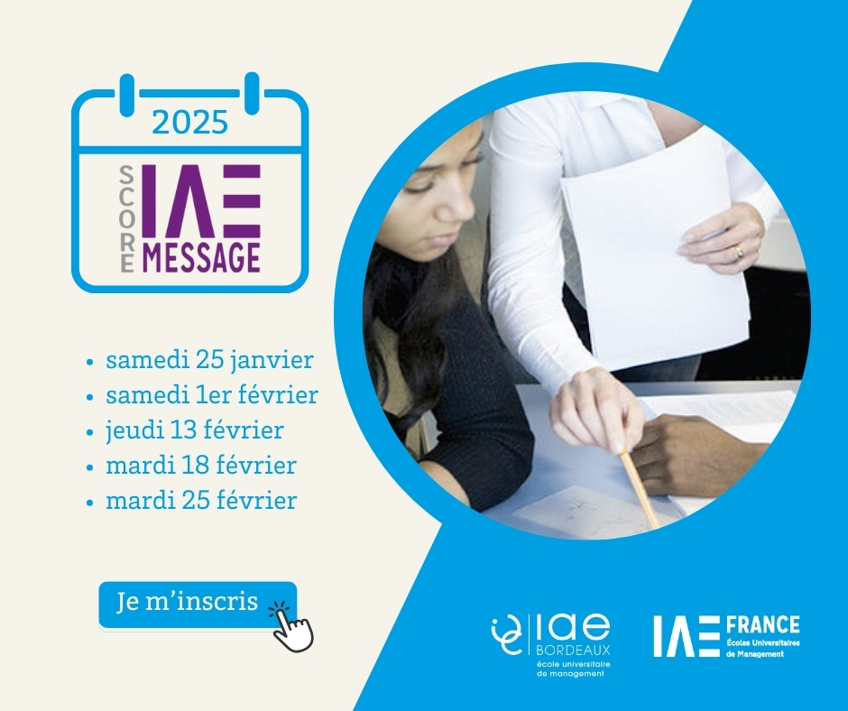 📅 A Bordeaux, les sessions 2025 du Score IAE Message seront : 
✔️ samedi 25 janvier | 9h-12h
✔️ samedi 1er février | 9h-12h
✔️ jeudi 13 février | 14h-17h
✔️ mardi 18 février | 14h-17h
✔️ mardi 25 février | 14h-17h

👉 Inscrivez vous : iae-message.fr/sessions.php?l…