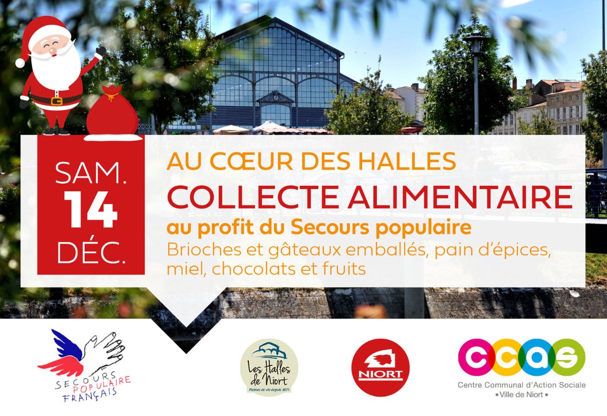 🎄✨ Les Halles de #Niort se mobilisent pour le <a href="/SecoursPop/">Secours populaire</a>  !RDV samedi 14 déc. de 9h à 13h pour une collecte solidaire. Apportez brioches, gâteaux, miel, chocolats... et partagez la magie des fêtes avec ceux qui en ont besoin. 💝🍫🍯
📍 + d’infos : vivre-a-niort.com/actualites/age…