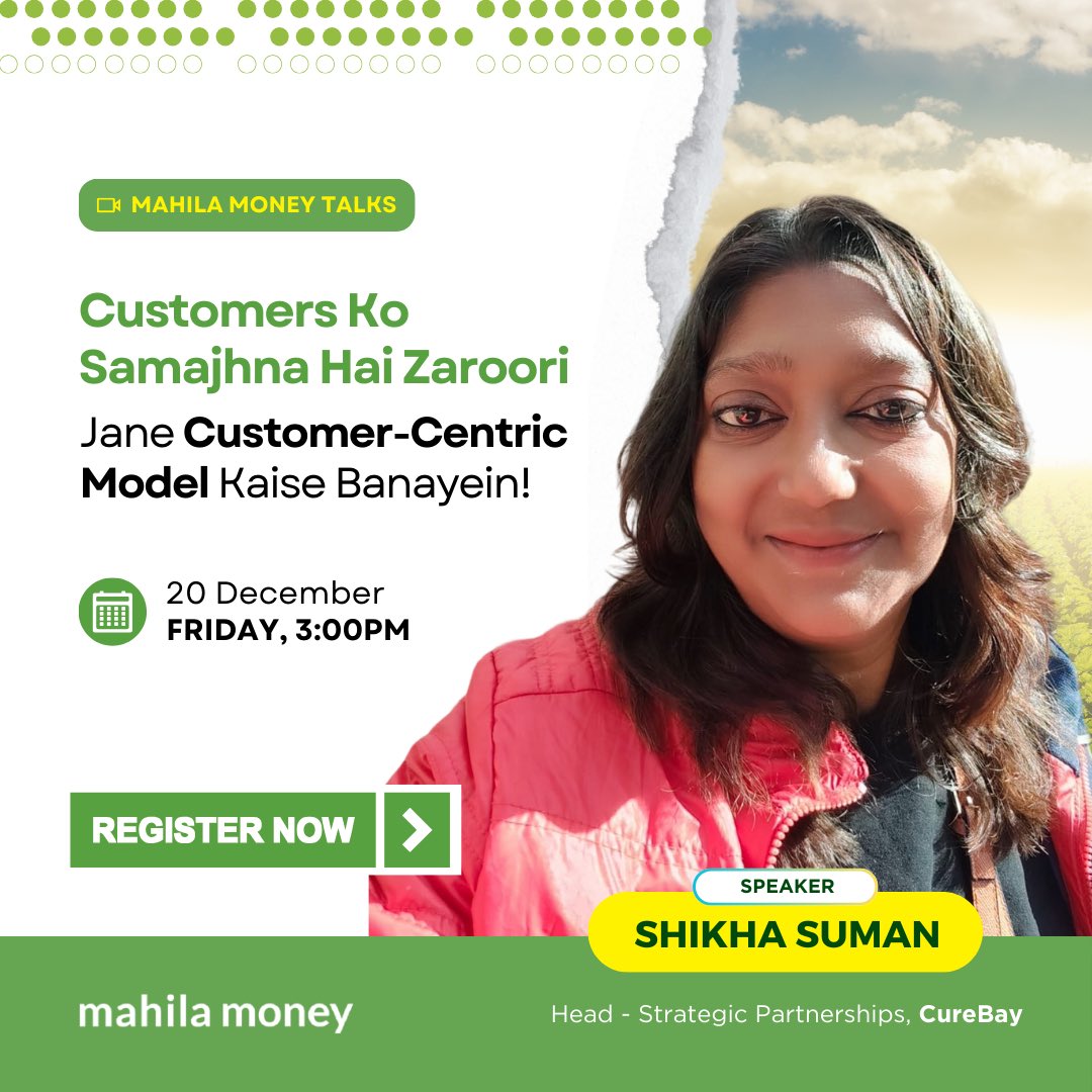 MahilaMoney's tweet image. Customer ko samajhna hai? Join our expert talk of aur jaaniye kaise banaye ek customer-centric model jo aapke business ko next level tak le jaaye! 🚀

🗓️Date : December 20, 2024
🕒 Time : 3 pm

Register 🔗 mmny.in/wAHJc1VKePb #businessgrowth #experttalks #mahilamoneytalks
