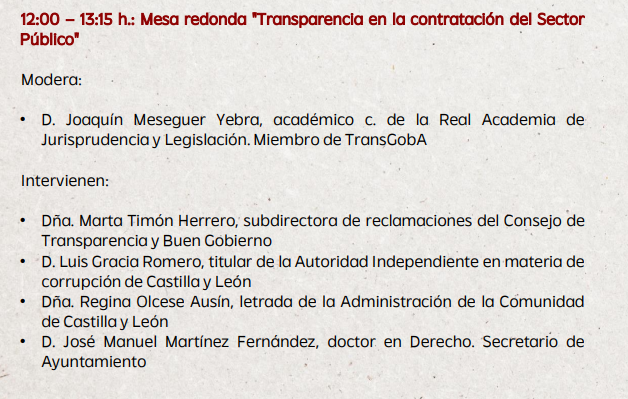 🗓️Nuestra subdirectora de Reclamaciones, <a href="/martatimon/">Marta Timon</a>, interviene el viernes en "La Transparencia en la contratación del sector público", curso organizado por <a href="/TransGobAUVa/">Cátedra de Transparencia y Gobierno Abierto</a>  y el Tribunal Administrativo de Recursos Contractuales de CYL. 

Más info:👉eventos.uva.es/125893/dates/l…