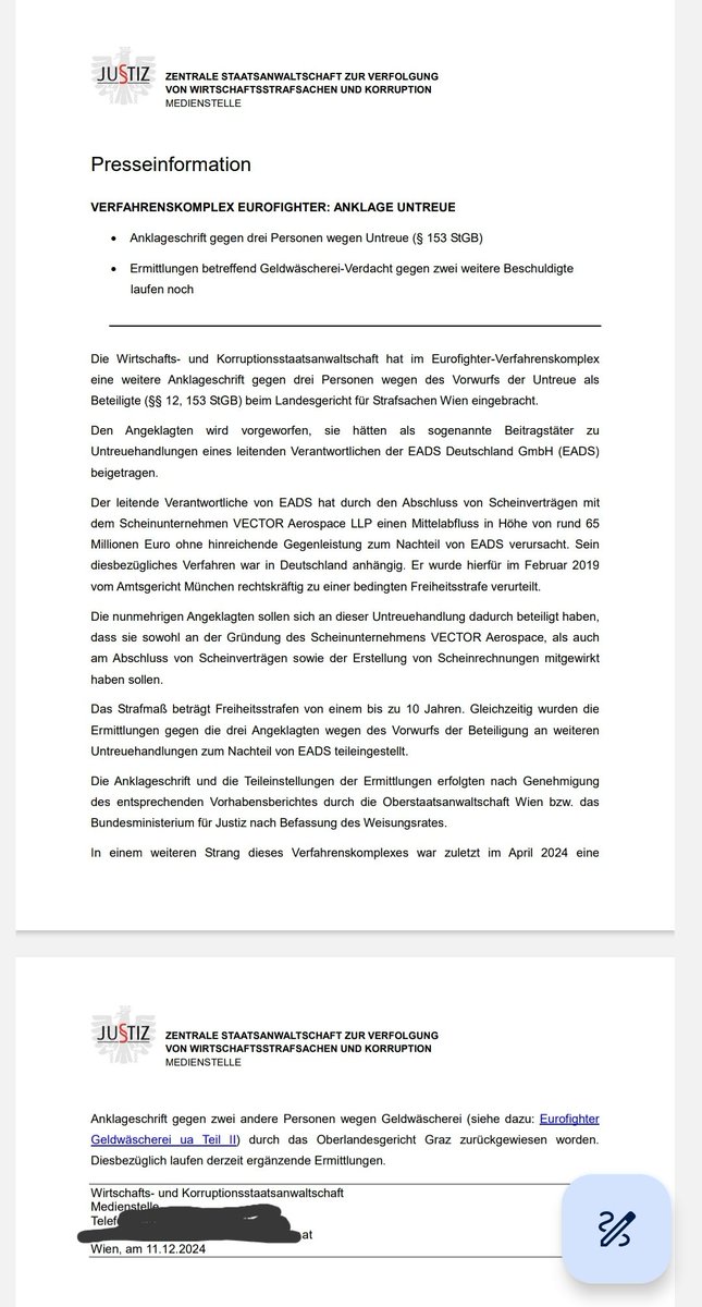 +++ Anklage in der Affäre #Eurofighter +++ Pressemeldung der #WKStA +++