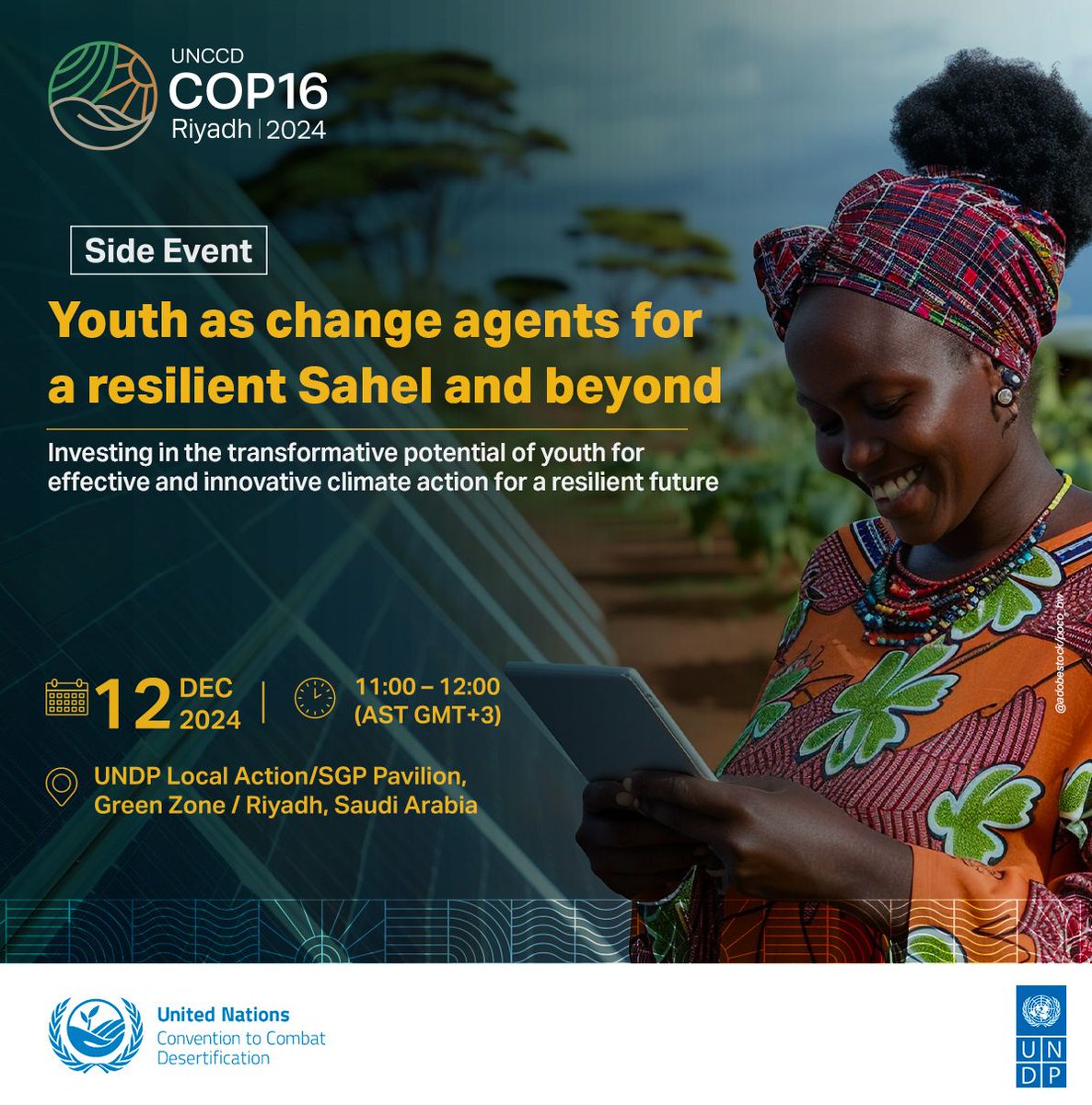 Africa Youth Advisory Board on DRR (@ayab_drr) on Twitter photo 🚨 Youth at COP16 Riyadh 🚨
Join us TOMORROW for “Youth as Change Agents for a Resilient Sahel and Beyond” panel discussion at UNDP Local Action Pavilion, Green Zone.
🗓 12th Dec
⏰ 11:00-12:00 (GMT+3)
<a href="/resilienceSahel/">Sahel Resilience Project</a> <a href="/UNCCDYouth/">UNCCD Youth Caucus</a>
#COP16 #AYAB #Youth4land #ClimateResilience 🚨 Youth at COP16 Riyadh 🚨
Join us TOMORROW for “Youth as Change Agents for a Resilient Sahel and Beyond” panel discussion at UNDP Local Action Pavilion, Green Zone.
🗓 12th Dec
⏰ 11:00-12:00 (GMT+3)
<a href="/resilienceSahel/">Sahel Resilience Project</a> <a href="/UNCCDYouth/">UNCCD Youth Caucus</a>
#COP16 #AYAB #Youth4land #ClimateResilience