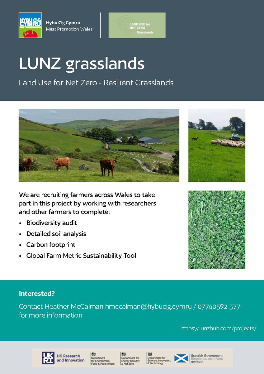 Exciting new grassland project! 
We are looking for sheep and beef farmers in Wales to take part in a Land Use for Net Zero resilient grasslands project. Contact Dr Heather McCalman for more information.