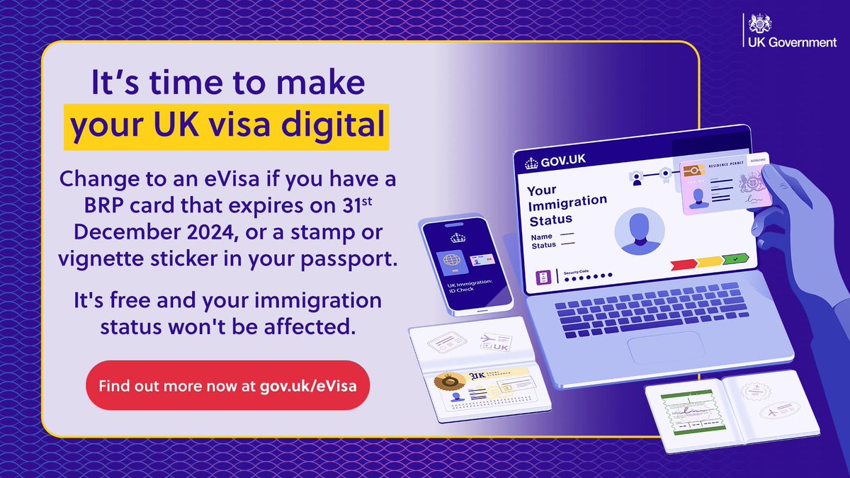 THIS IS WESTSIDE (@thisiswestside) on Twitter photo If you, a friend or a loved one have a BRP card that expires on 31st December 2024, or a stamp or vignette sticker in your passport, you should change to an #eVisa now.  It's free, and your immigration status won't be affected.
Find out more at: gov.uk/eVisa If you, a friend or a loved one have a BRP card that expires on 31st December 2024, or a stamp or vignette sticker in your passport, you should change to an #eVisa now.  It's free, and your immigration status won't be affected.
Find out more at: gov.uk/eVisa