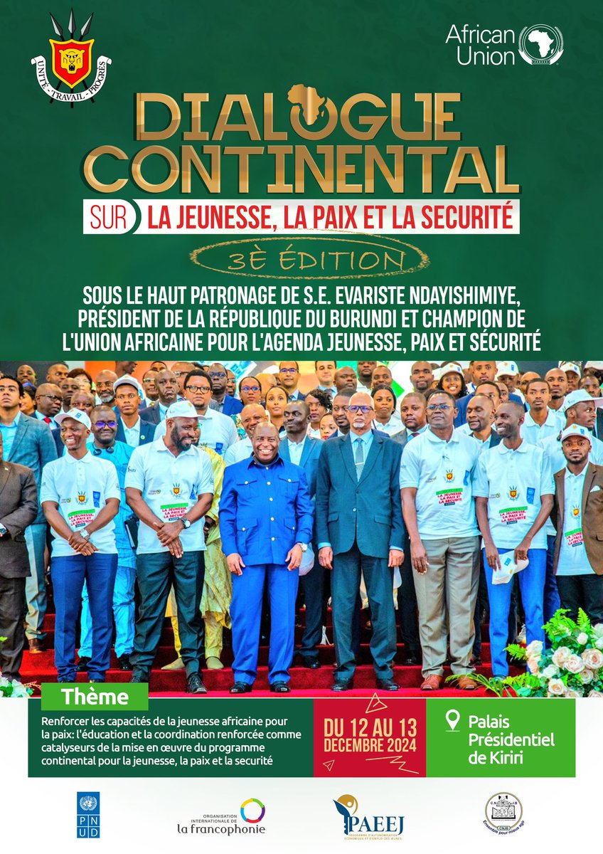 AKEZA Guyanne (@akezaguy) on Twitter photo La capitale de la jeunesse africaine, #Bujumbura s’apprête à accueillir le dialogue continental sur la jeunesse, la paix et la sécurité, sous l’égide du Champion de l’ <a href="/_AfricanUnion/">African Union</a> pour l’agenda jeunesse, paix et sécurité et Président du #Burundi. La capitale de la jeunesse africaine, #Bujumbura s’apprête à accueillir le dialogue continental sur la jeunesse, la paix et la sécurité, sous l’égide du Champion de l’ <a href="/_AfricanUnion/">African Union</a> pour l’agenda jeunesse, paix et sécurité et Président du #Burundi.
