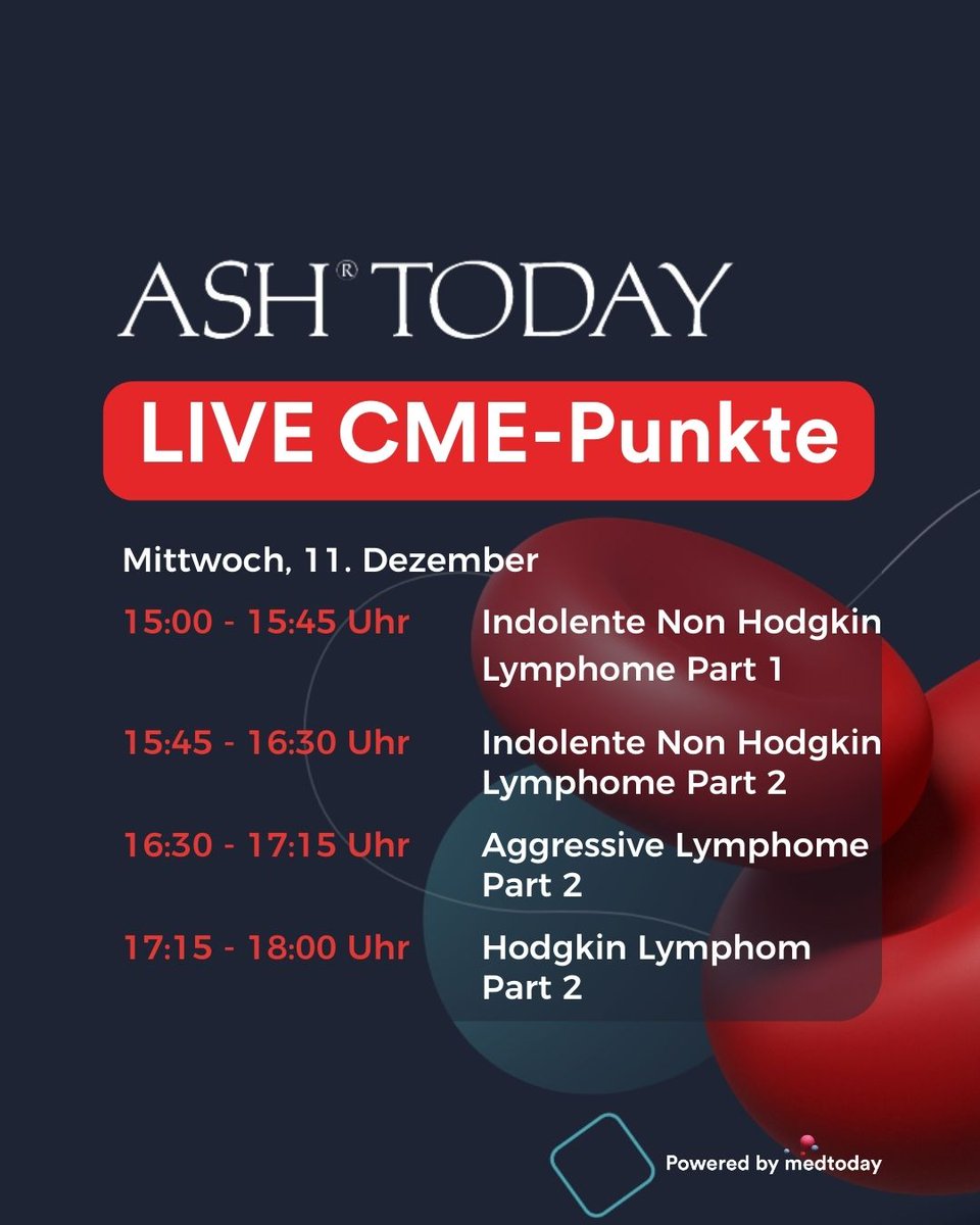 Wir gehen in die letzte Runde, der #ASH24 ist vorbei und wir konnten einiges mitnehmen. 
Unsere Highlights fassen wir für Sie heute ab 10:00 Uhr zusammen. Seien Sie dabei! #Hämatologie #CME