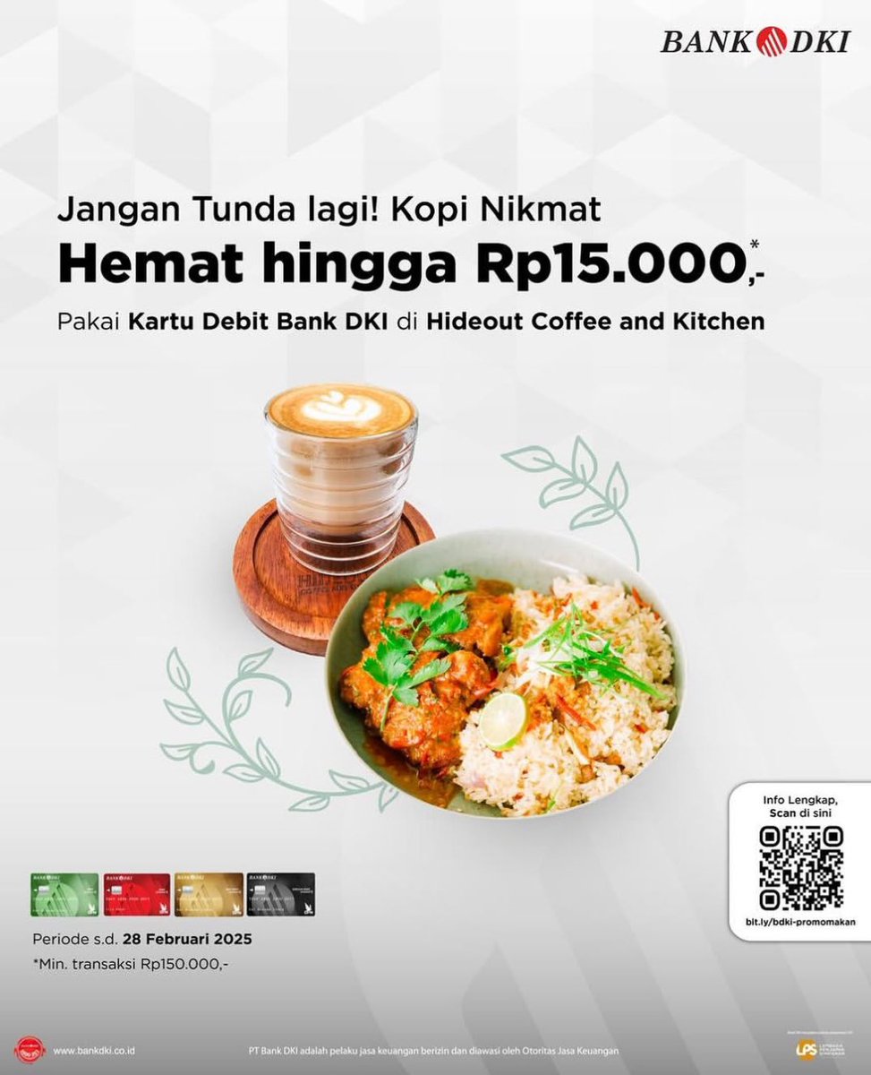 Kopi Nikmat, Hemat Maksimal! ☕️🍛

Rasakan momen santai sambil menikmati kopi dan hidangan favorit di Hideout Coffee and Kitchen! #PromoBankDKI #HideoutCoffeeAndKitchen #DiskonMakan #BankDKI #KopiNikmat