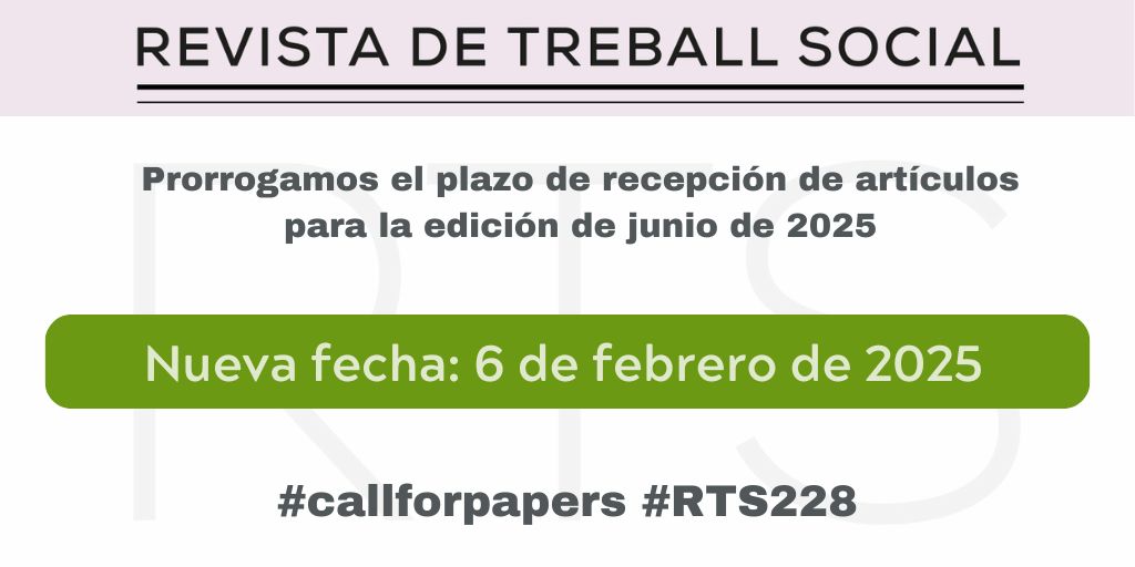 📣 RECEPCIÓN DE ARTÍCULOS 📣

Ampliamos el plazo de recepción de artículos para la edición de junio de 2025 #RTS228

NUEVA FECHA ➡️ 6 de febrero de 2025

Consulta las normas para la presentación de artículos
👇👇👇
revistarts.com/es/enviaments

#trabajosocial #EstudiosAFondo #Praxis