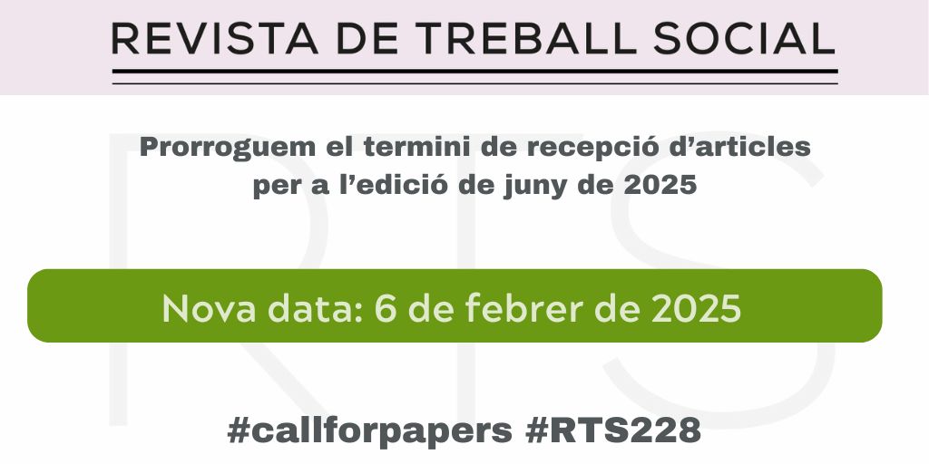 📣 RECEPCIÓ D'ARTICLES 📣

Ampliem el termini de recepció d'articles per a l'edició de juny de 2025 #RTS228

NOVA DATA ➡️ 6 de febrer de 2025

Consulta les normes per a la presentació d'articles
👇👇👇
revistarts.com/enviaments

#treballsocial #EstudisAFons #Praxis
