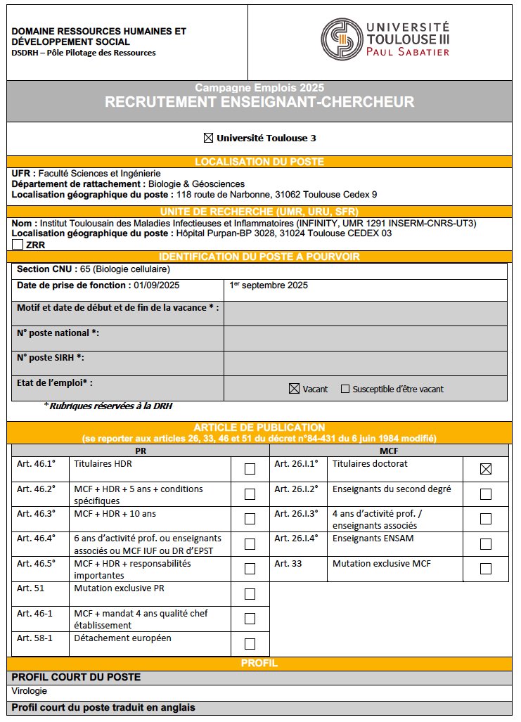 Nicolas Fazilleau (@n_fazilleau) on Twitter photo <a href="/InfinityTLS/">Infinity Toulouse</a> <a href="/UT3PaulSabatier/">UT3 Paul Sabatier</a> <a href="/CNRS/">CNRS 🌍</a> <a href="/Inserm/">Inserm</a> est seul laboratoire d'accueil pour un poste de maître de conférences en Virologie (section 65) qui va ouvrir au concours en 2025 à l'Université de Toulouse (<a href="/UT3PaulSabatier/">UT3 Paul Sabatier</a>).
Les candidatures seront ouvertes à partir du 3 mars 2025 <a href="/InfinityTLS/">Infinity Toulouse</a> <a href="/UT3PaulSabatier/">UT3 Paul Sabatier</a> <a href="/CNRS/">CNRS 🌍</a> <a href="/Inserm/">Inserm</a> est seul laboratoire d'accueil pour un poste de maître de conférences en Virologie (section 65) qui va ouvrir au concours en 2025 à l'Université de Toulouse (<a href="/UT3PaulSabatier/">UT3 Paul Sabatier</a>).
Les candidatures seront ouvertes à partir du 3 mars 2025