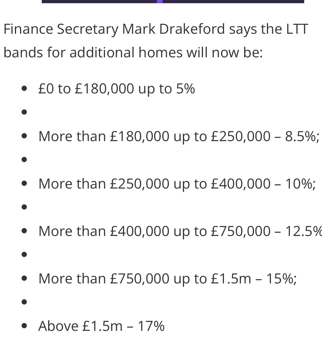 So, from today these are the new Land transaction tax (Welsh stamp duty) rates for second homes and buy to let purchases. How to further discourage the provision of rental properties for what continues to be a good demand from private renters.