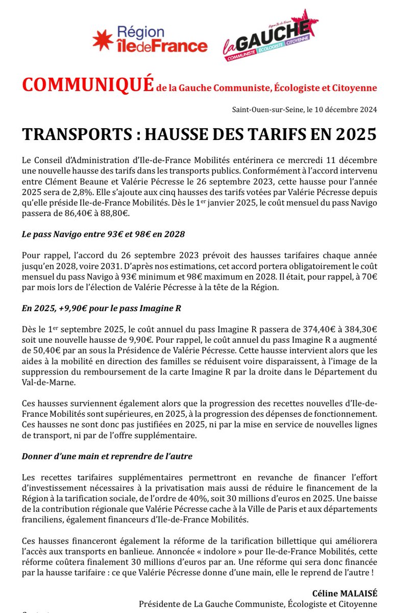 ⚠️ Transports : encore des HAUSSES de tarifs ⚠️

↗️ +2,8% le 1er janvier : le Navigo grimpe à 88,80€/mois

😱 Depuis son élection, V. Pécresse a augmenté le Navigo de 207€/an

↗️ Bonus en 2025 : +9,90€ pour Imagine R

🤔 Des hausses nécessaires ?
Explications👇🏼

#STOPGALERE