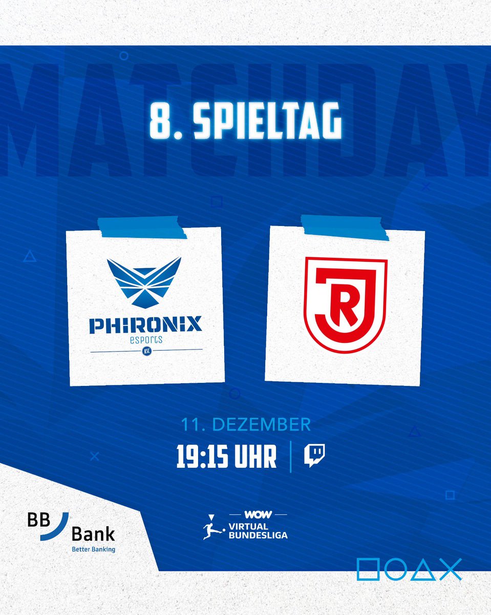 SPIELTAG 8️⃣ <a href="/vbl_official/">VBL | WOW VIRTUAL BUNDESLIGA</a> 
🆚 <a href="/SSVJAHN/">SSV Jahn Regensburg</a> 🕖 19:15 Uhr

Nachdem unsere Jungs letzte Woche das Derby im Speed-Run gewinnen konnten, wollen sie heute unbedingt nachlegen mit dem nächsten Sieg! 💙

🎥 twitch.tv/phironix_esport

#PHIRONIX #KSCmeineHeimat #VBLCC #VBL #Spieltag8 #Matchday