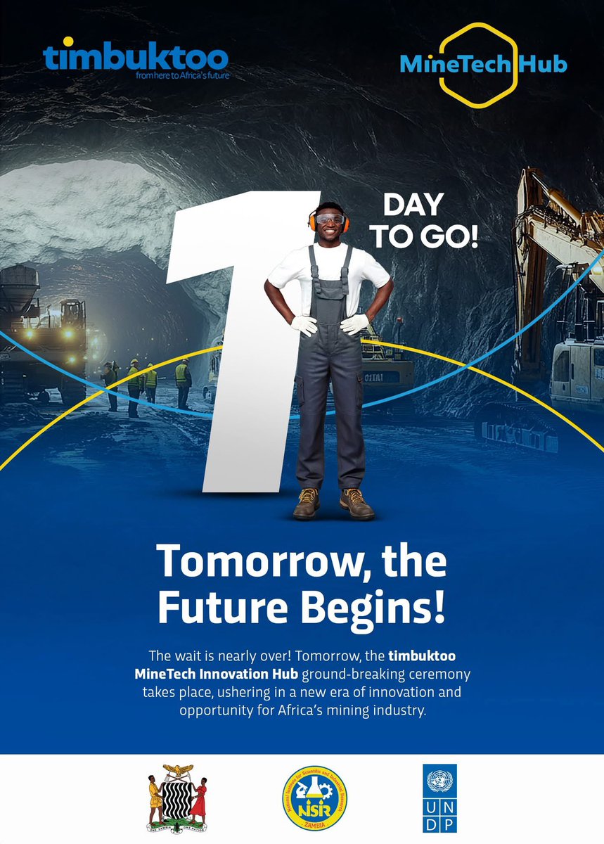 Tomorrow is the big day! 

Stay tuned as Zambia breaks ground on the Pan-African <a href="/timbuktooafrica/">timbuktooAfrica</a> #MinetechHub — a catalytic resource for sustainable mining innovations and start-ups and disruptive innovations that will shape Africa’s Mining future! 🌍🚀

#MiningForTomorrow