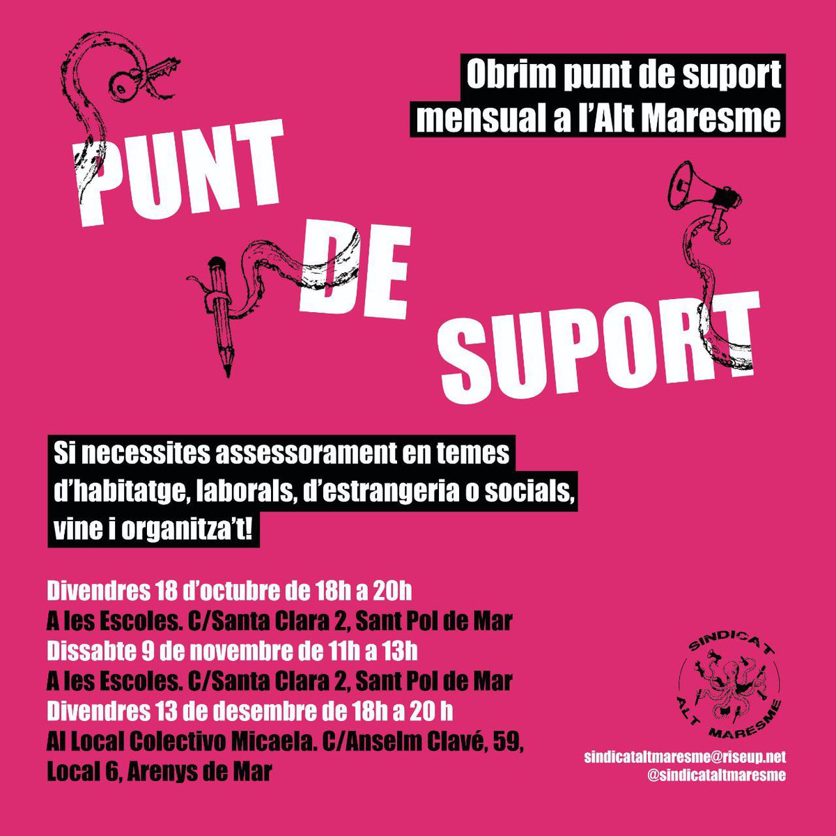 Divendres fem l’últim punt de suport a Arenys de Mar amb Colectivo Micaela! 

Si tens dubtes en temes d’estrangeria, lloguer, problemes amb serveis socials o ets treballadora de la llar i les cures, vine!