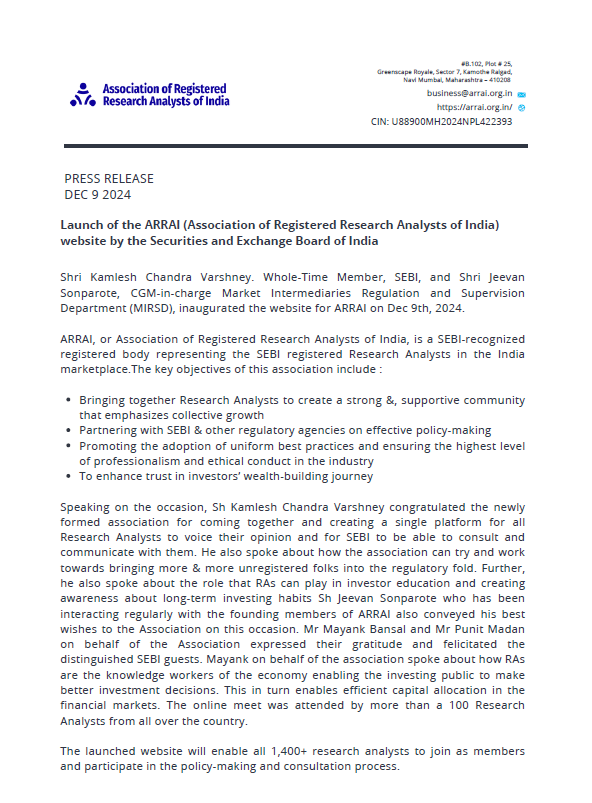 ARRAI_SEBIRA's tweet photo. Press Release from Association of Research Analysts of India

Launch of new website https://t.co/CeWY6ZEZwZ by SEBI

#ResearchAnalysts
#SEBI https://t.co/nnq2QycZLz
