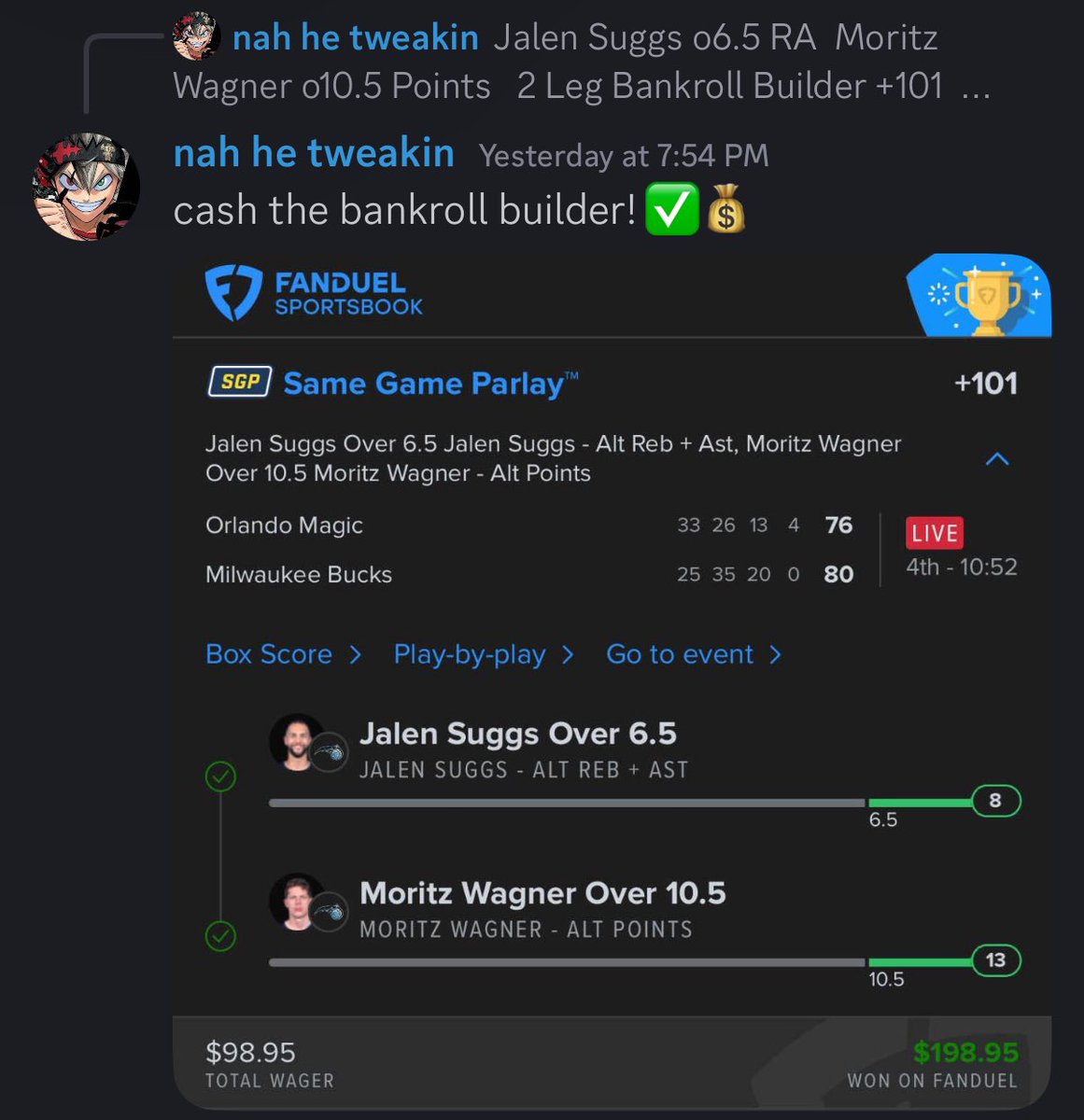 ckmpicks's tweet photo. Tough day for the free plays today but we bring it back tomorrow.

2/8 for the free plays but discord premium was eating good

✅LA Kings ML

✅Spencer dinwiddle over 8.5PA
✅Alex Caruso over 4.5 RA

✅Jalen Suggs over 6.5RA
✅Mortiz Wagner over 10.5P

✅Gary Trent 2 Threes 
#nba https://t.co/EDfO73fZxQ