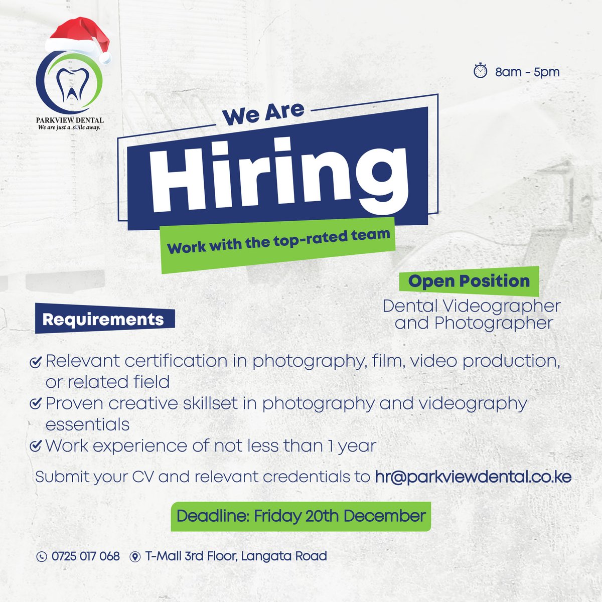 Parkview_Centre's tweet photo. Are you passionate about photography and videography? We’re looking for a proactive and creative Dental Videographer and Photographer to join our team. We'd love to hear from you if you’re excited about capturing smiles! Apply now: hr@parkviewdental.co.ke

#IkoKaziKE #IkoKazi https://t.co/yzPOo4hdHs