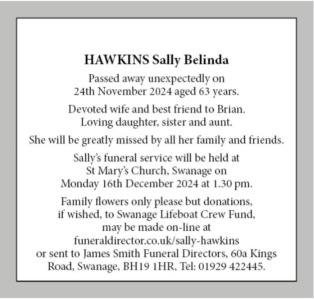 Dorsetdc's tweet photo. Owing to an administration error, this notice was not published in today's Advertiser but I know many will be shocked to hear of the passing of dear Sally and will wish to pay their respects. #Swanage #Swanage Funeral https://t.co/ZiXAH7muZd