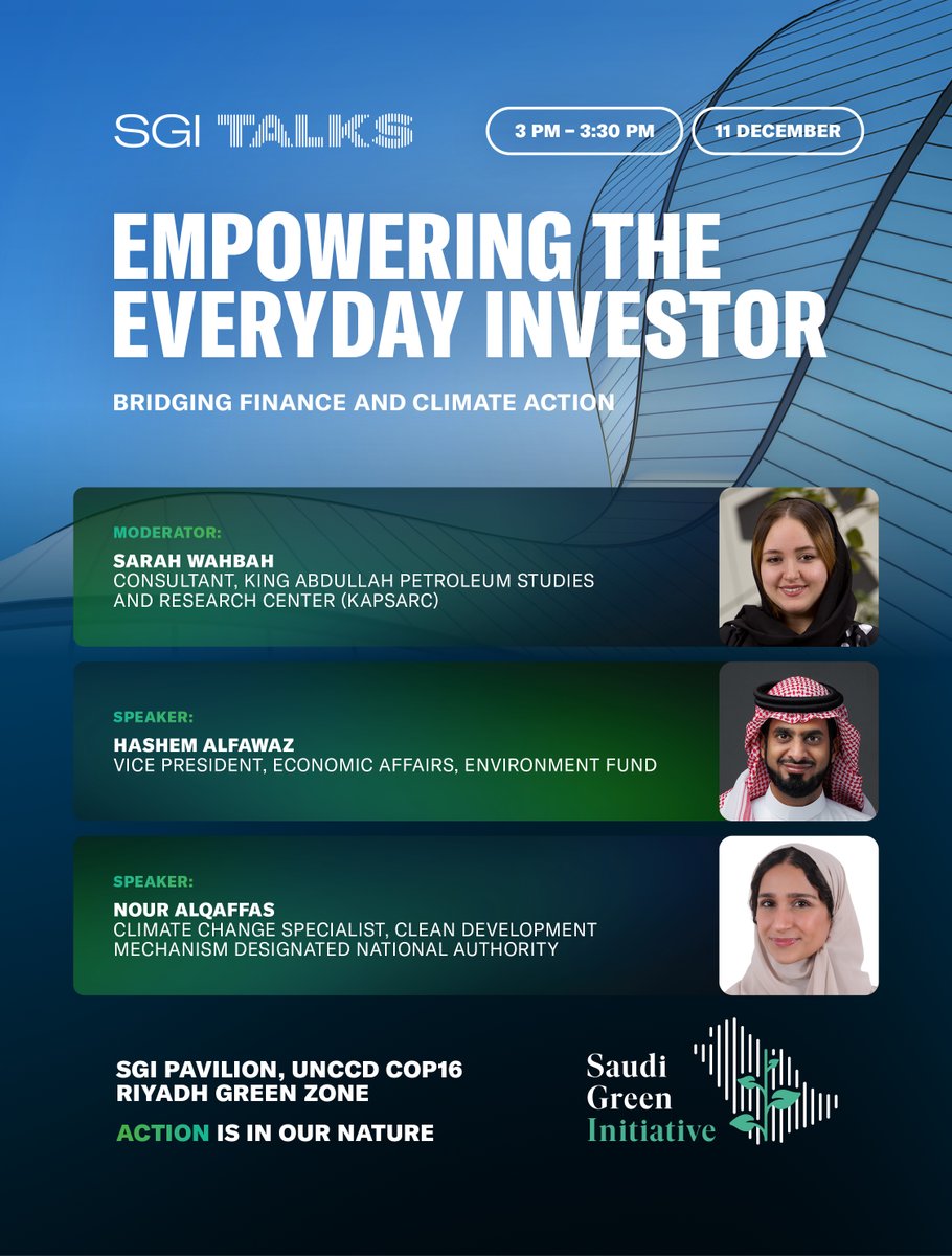 SGISaudi's tweet photo. #SGITalks | Day 7
At the 7th session, learn how innovations in financial solutions are enabling the green transition to be more accessible, affordable, and inclusive for all members of society.
📍 @UNCCD @Cop16Riyadh Green Zone https://t.co/wFjuwxOZXf