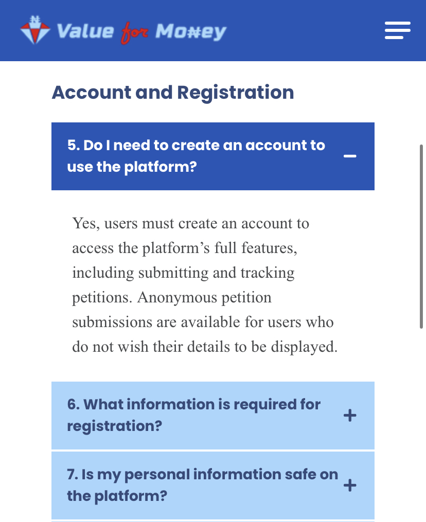 New Feature Alert: Our #ValueForMoney platform is now enhanced with a detailed FAQ section to make navigating seamless for you!

* Easy navigation tips
* Insights on our #VFM_AI
* All you need to track, report, and advocate for accountability at your fingertips.

Check it out