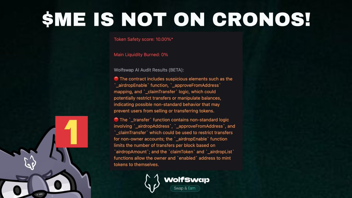HONEYPOT ALERT 🚨
ME FOUNDATION ( $ME ) IS NOT OFFICIALLY ON CRONOS

We have detected malicious token that is impersonating official Magic Eden token following recent Airdrop hype.

Stay safe and DO NOT interact!