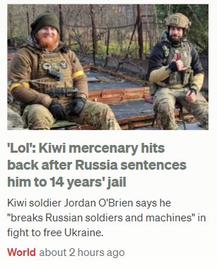 58_deg's tweet photo. @radionz why do you use misleading headlines?
Jordan O'Brien is not a mercenary in normal usage of the word or under international law. You use quotation marks in the body of the article so why not in the headline? https://t.co/BffgGIliBO