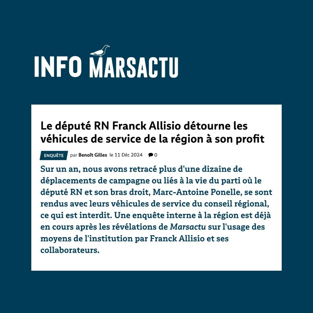 🔴 INFO MARSACTU - Le député RN Franck Allisio détourne les véhicules de service de la région à son profit
➡️ l.marsactu.fr/C0